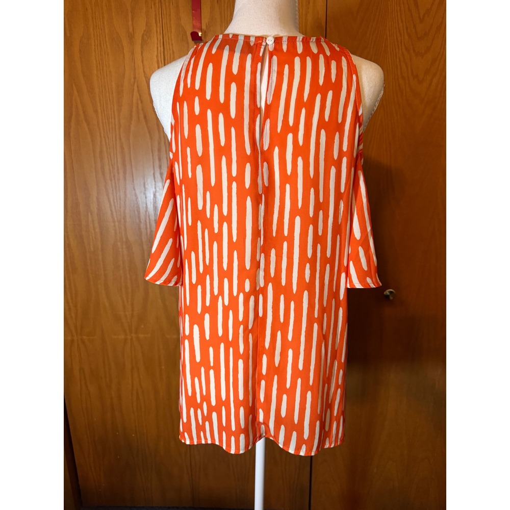 New York & Company Orange White Abstract Print Cold Shoulder Halter Top Small - Picture 6 of 7
